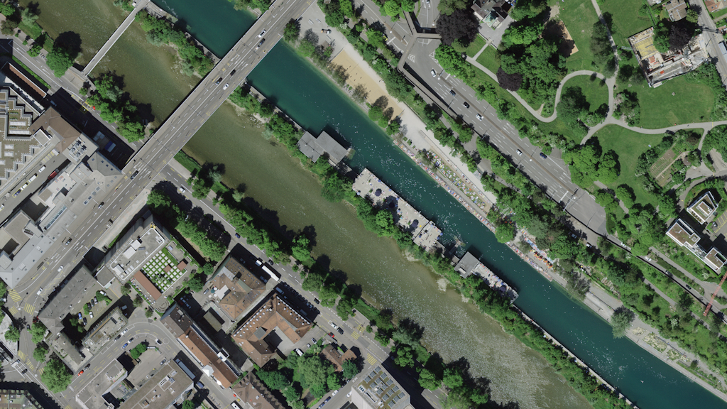 Aerial view of Zurich, confluence of the Limmat and Sihl rivers